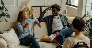 Client and life coach discussing personal goals in a professional setting